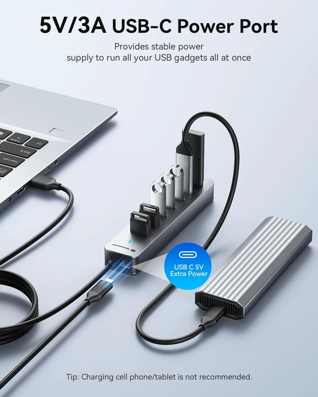 Alt view image 5 of 7 - Yottamaster 6FT 7-Port USB 3.0 Hub Multiport Adapter for PC, Laptop | High-Speed 5Gbps USB Splitter with LEDs, Aluminium USB Extender Hub, USB Hub Long Cable for PC, Desktop, Laptop,Flash Drive