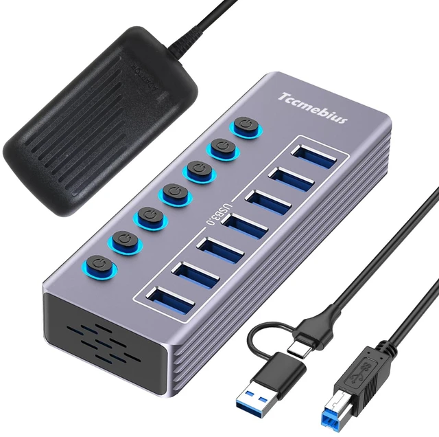 Main image of Tccmebius Powered 7-Port USB 3.0 Hub, USB C to 7 Ports USB Data Hub Splitter with Individual LED On/Off Switche, 3.3FT Cable, 12V/3A Power Adapter, for Laptop MacBook Pro/Air PC (Aluminum Gary)