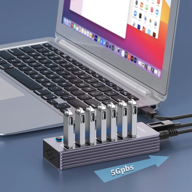 Alt view image 2 of 7 - Tccmebius Powered 7-Port USB 3.0 Hub, USB C to 7 Ports USB Data Hub Splitter with Individual LED On/Off Switche, 3.3FT Cable, 12V/3A Power Adapter, for Laptop MacBook Pro/Air PC (Aluminum Gary)