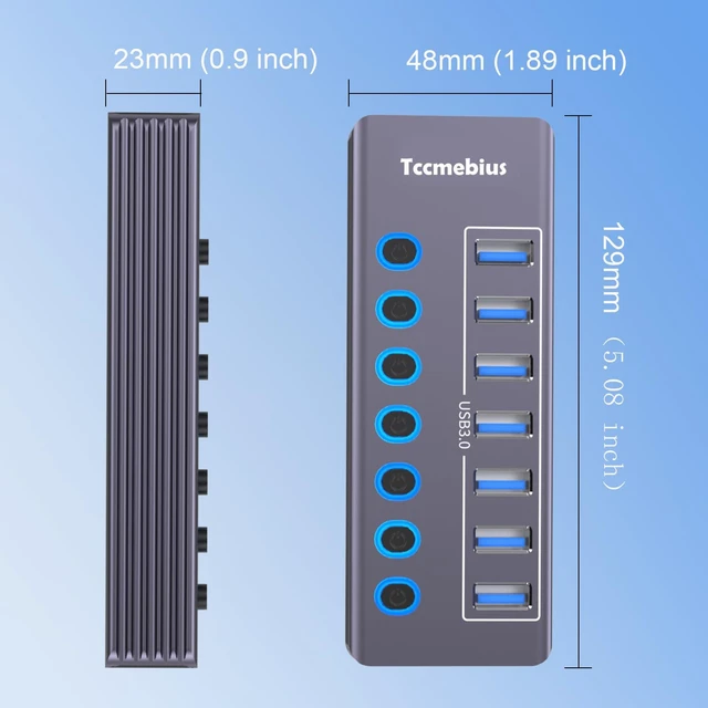 Alt view image 7 of 7 - Tccmebius Powered 7-Port USB 3.0 Hub, USB C to 7 Ports USB Data Hub Splitter with Individual LED On/Off Switche, 3.3FT Cable, 12V/3A Power Adapter, for Laptop MacBook Pro/Air PC (Aluminum Gary)