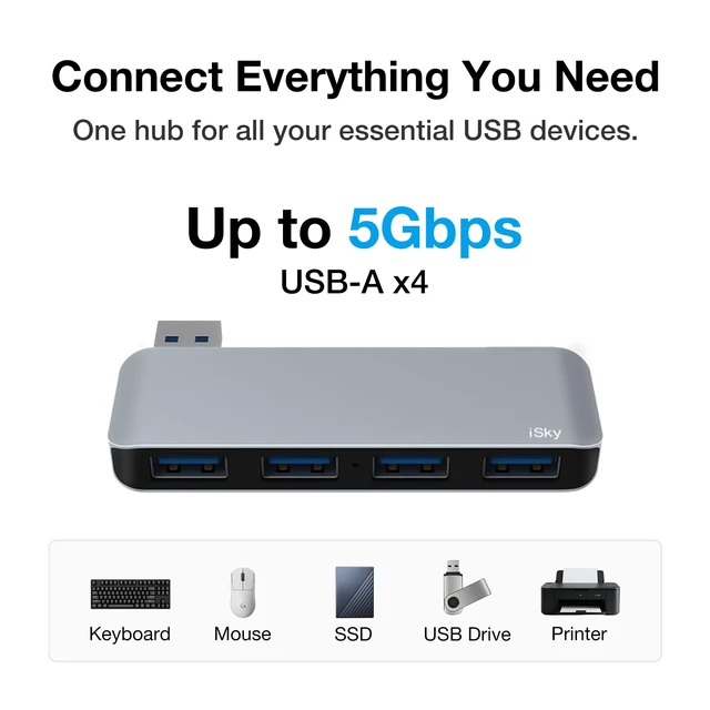 Alt view image 5 of 7 - iSky USB Hub for Laptop, 4-Port USB 3.0 Expander, 5Gbps Data Transfer | Cable-Free Direct Plug USB Splitter, Letf-Side Compatibility, Plug & Play Adapter for Keyboard, Mouse and Flash Drives