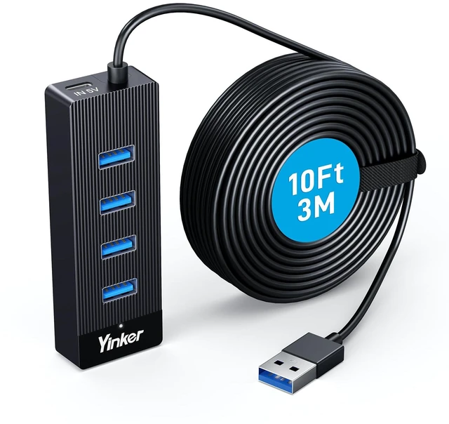 Main image of Yinker USB Extension Cable Hub, 10FT 4-Port USB 3.0 Splitter for Laptop/PC | 5Gbps data transfer, 10ft cord(3m), USB-C power input only (no charging), Type C Port, for desktop, U Disk, Printer