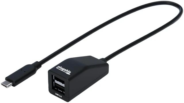 Main image of Plugable USB-C to Dual USB-A 2.0 Splitter, 2-Port Hub for USB-C Laptops | Keyboard, Mouse, Flash Drive, 480Mbps Data-Only, Plug-and-Play, 30cm Cable for Mac, Windows, ChromeOS, Linux (USBC-2PORT)