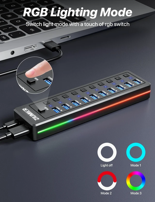 Alt view image 2 of 7 - Powered USB Hub, 10-Port USB Splitter with RGB LED Strip | 5Gbps Data Transfer,Individual LED On/Off Switches and 12V/2A Power Adapter for Laptop, PC