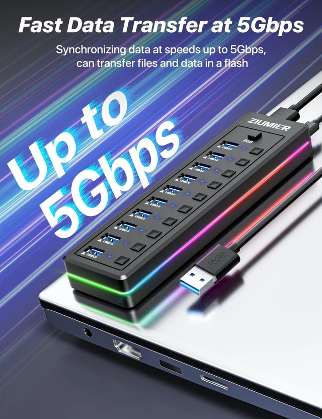 Alt view image 3 of 7 - Powered USB Hub, 10-Port USB Splitter with RGB LED Strip | 5Gbps Data Transfer,Individual LED On/Off Switches and 12V/2A Power Adapter for Laptop, PC