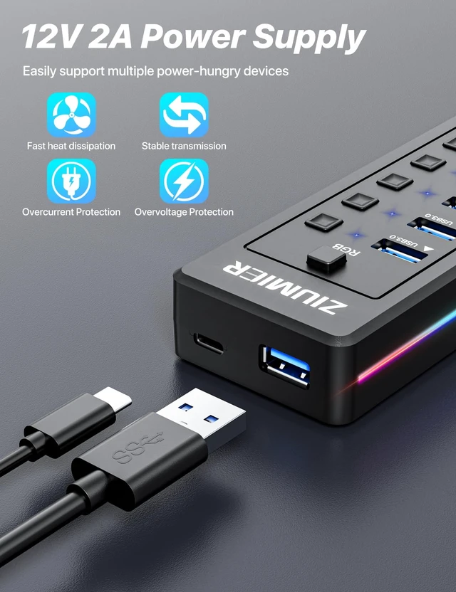 Alt view image 6 of 7 - Powered USB Hub, 10-Port USB Splitter with RGB LED Strip | 5Gbps Data Transfer,Individual LED On/Off Switches and 12V/2A Power Adapter for Laptop, PC