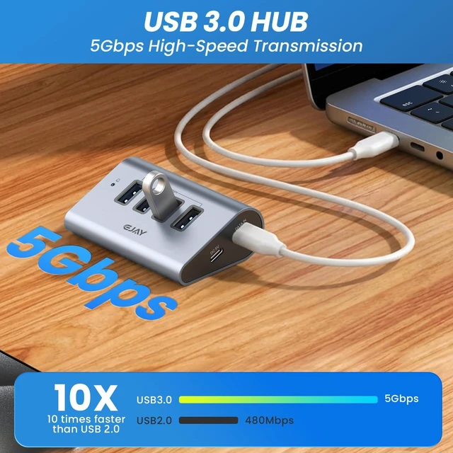 Alt view image 3 of 6 - EJAY 4-Port Powered USB 3.0 Hub - 23° Ergonomic Angled Desktop Data Hub | Traceless Tape for Firm Mount | 2-in-1 USB C & A Cable | 5V Extra Power Extension for PC/Mac