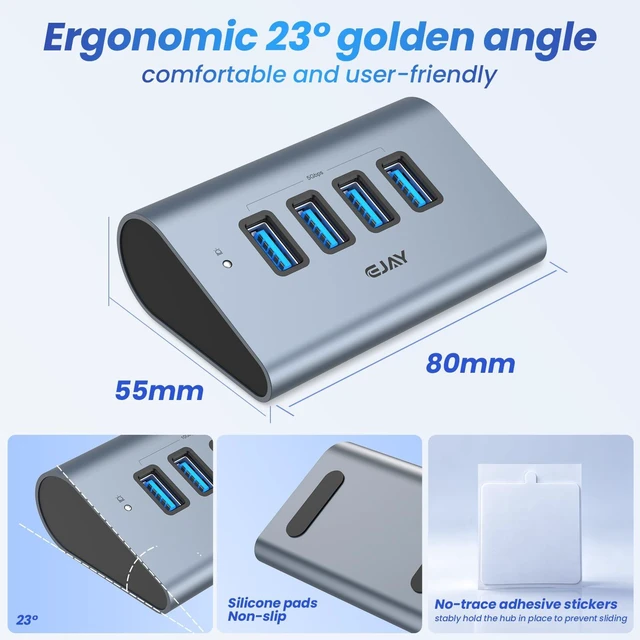 Alt view image 5 of 6 - EJAY 4-Port Powered USB 3.0 Hub - 23° Ergonomic Angled Desktop Data Hub | Traceless Tape for Firm Mount | 2-in-1 USB C & A Cable | 5V Extra Power Extension for PC/Mac