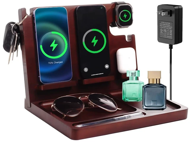 Main image of Nightstand Organizer with Dual 15W Phone Wireless Charging Station for 2 iPhone,Apple Watch and Airpods,Bamboo Wood Phone Docking Station,Gifts for Men Dad Husband