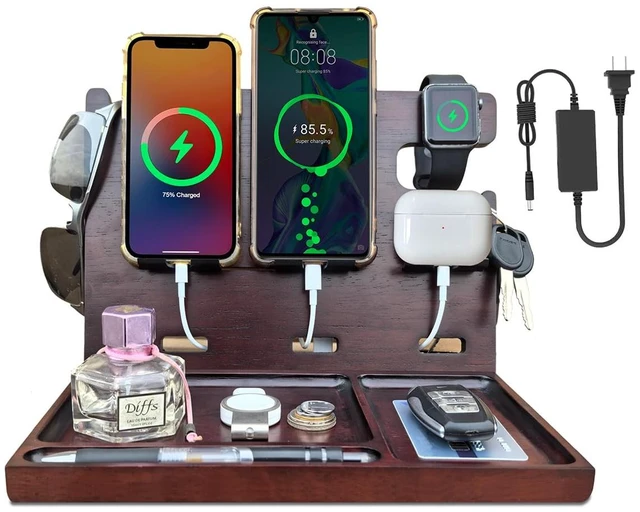 Main image of Xunhomon USB Charging Station for Multiple Devices Wood Phone Docking Station with QC3.0 & PD 22.5W Type c Charger Fast Charging for iPhone Samsung Google Andriod Smart Watch Earbuds Gifts for Men