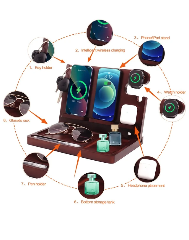 Alt view image 2 of 7 - Nightstand Organizer with Dual 15W Phone Wireless Charging Station for 2 iPhone,Apple Watch and Airpods,Bamboo Wood Phone Docking Station,Gifts for Men Dad Husband