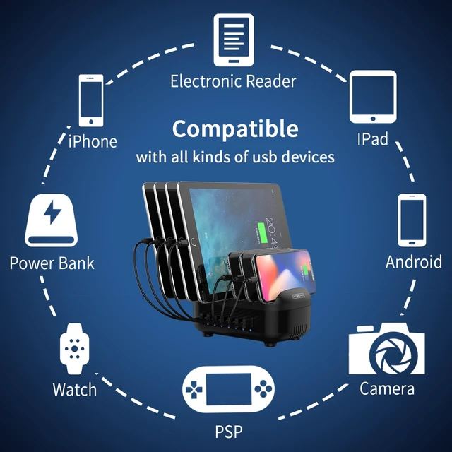 Alt view image 6 of 7 - 7 Ports Charging Station for Multiple Devices, 70W Charging Station Organizer, USB Charging Docking with Cooling Fan, for iPhone, for iPad, Tablet, Kindle, ETL Listed (2.4A Each, 24A in Total)