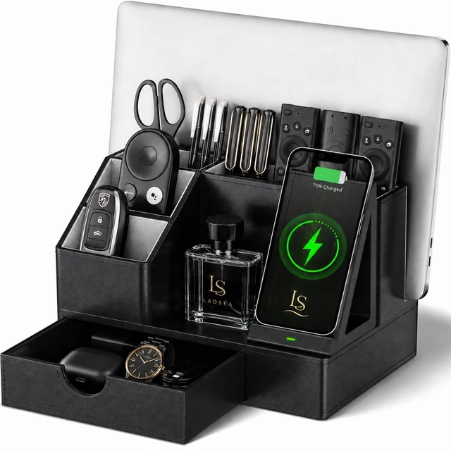 Main image of LADSEA Phone Docking Station with Charging and Desk Organizer for Men | Black PU Leather, Single-Phone Charging, Sliding Drawer, Key Holder, Watch Stand and Wallet Storage, For Desk or Nightstand
