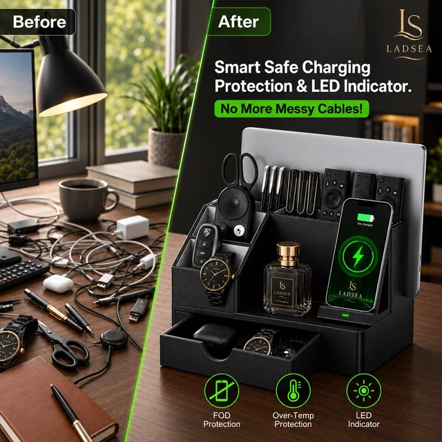 Alt view image 2 of 7 - LADSEA Phone Docking Station with Charging and Desk Organizer for Men | Black PU Leather, Single-Phone Charging, Sliding Drawer, Key Holder, Watch Stand and Wallet Storage, For Desk or Nightstand