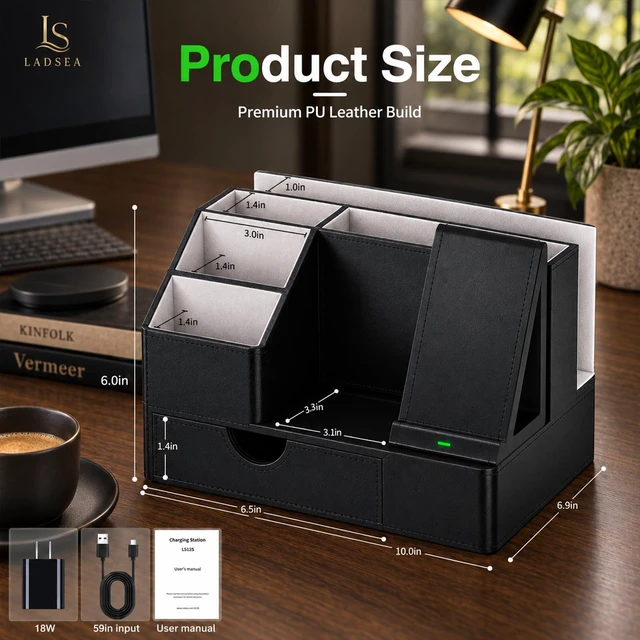 Alt view image 3 of 7 - LADSEA Phone Docking Station with Charging and Desk Organizer for Men | Black PU Leather, Single-Phone Charging, Sliding Drawer, Key Holder, Watch Stand and Wallet Storage, For Desk or Nightstand