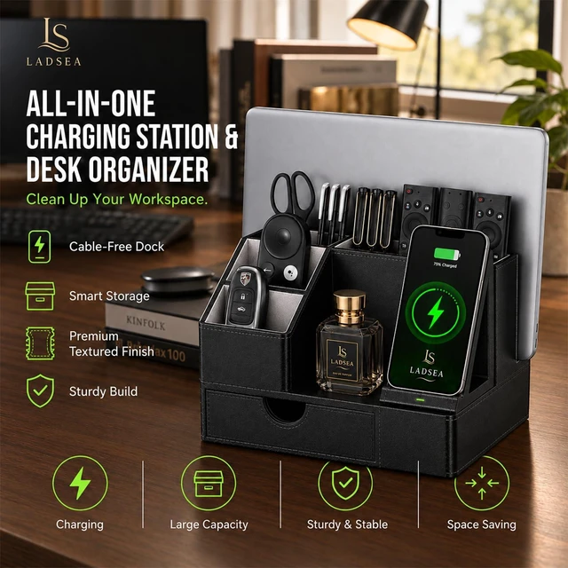 Alt view image 4 of 7 - LADSEA Phone Docking Station with Charging and Desk Organizer for Men | Black PU Leather, Single-Phone Charging, Sliding Drawer, Key Holder, Watch Stand and Wallet Storage, For Desk or Nightstand