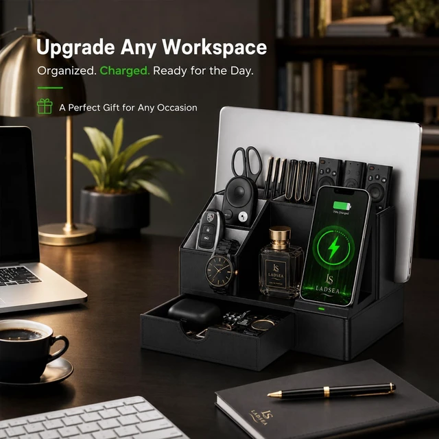 Alt view image 5 of 7 - LADSEA Phone Docking Station with Charging and Desk Organizer for Men | Black PU Leather, Single-Phone Charging, Sliding Drawer, Key Holder, Watch Stand and Wallet Storage, For Desk or Nightstand