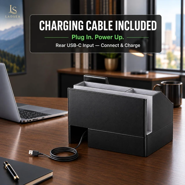 Alt view image 7 of 7 - LADSEA Phone Docking Station with Charging and Desk Organizer for Men | Black PU Leather, Single-Phone Charging, Sliding Drawer, Key Holder, Watch Stand and Wallet Storage, For Desk or Nightstand