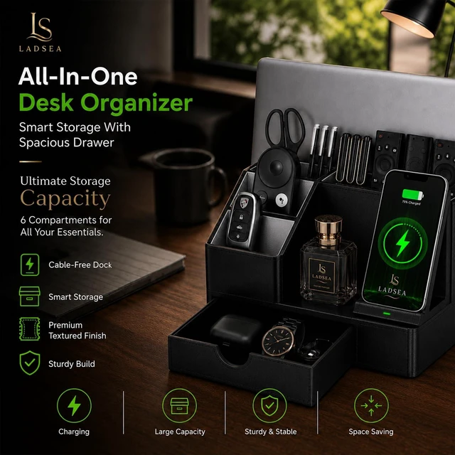 Alt view image 6 of 7 - LADSEA Phone Docking Station with Charging and Desk Organizer for Men | Black PU Leather, Single-Phone Charging, Sliding Drawer, Key Holder, Watch Stand and Wallet Storage, For Desk or Nightstand