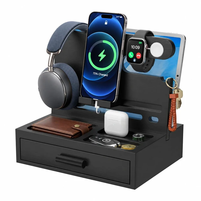 Main image of Phone Docking Station for Men, Nightstand Organizer with Drawer, Black | Wood Phone Docking Station for Phone, Apple Watch, Wallet, Keys, Bedside Desk Organizer, Gifts for Men Husband Boyfriend