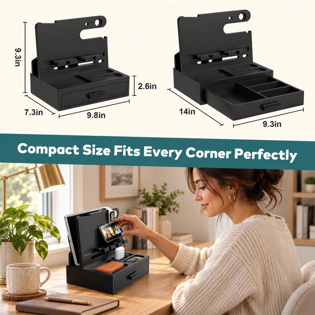 Alt view image 2 of 7 - Phone Docking Station for Men, Nightstand Organizer with Drawer, Black | Wood Phone Docking Station for Phone, Apple Watch, Wallet, Keys, Bedside Desk Organizer, Gifts for Men Husband Boyfriend