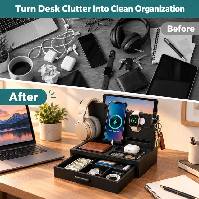 Alt view image 5 of 7 - Phone Docking Station for Men, Nightstand Organizer with Drawer, Black | Wood Phone Docking Station for Phone, Apple Watch, Wallet, Keys, Bedside Desk Organizer, Gifts for Men Husband Boyfriend