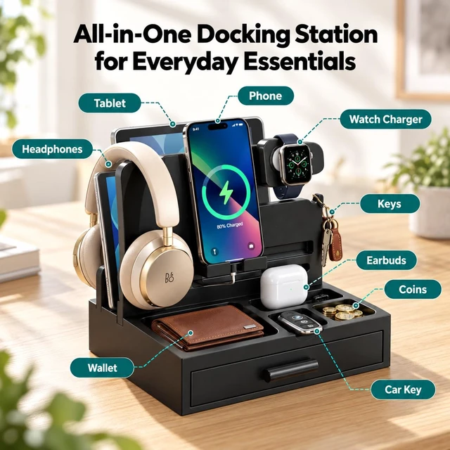 Alt view image 4 of 7 - Phone Docking Station for Men, Nightstand Organizer with Drawer, Black | Wood Phone Docking Station for Phone, Apple Watch, Wallet, Keys, Bedside Desk Organizer, Gifts for Men Husband Boyfriend