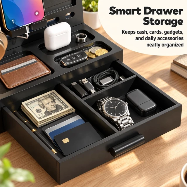Alt view image 3 of 7 - Phone Docking Station for Men, Nightstand Organizer with Drawer, Black | Wood Phone Docking Station for Phone, Apple Watch, Wallet, Keys, Bedside Desk Organizer, Gifts for Men Husband Boyfriend
