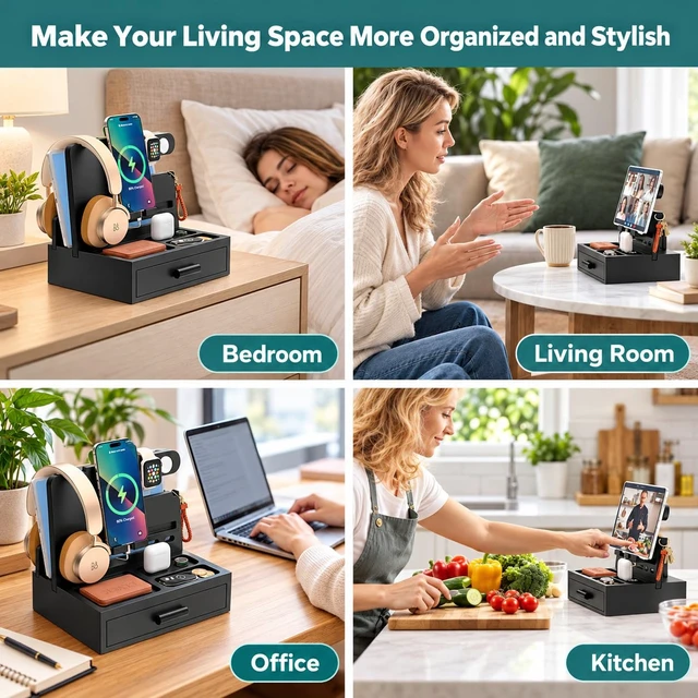 Alt view image 6 of 7 - Phone Docking Station for Men, Nightstand Organizer with Drawer, Black | Wood Phone Docking Station for Phone, Apple Watch, Wallet, Keys, Bedside Desk Organizer, Gifts for Men Husband Boyfriend