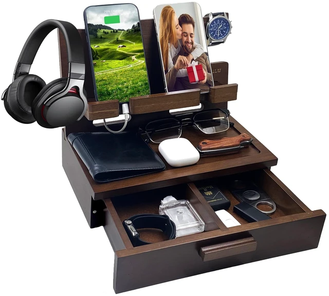 Main image of VEIYAILU Gifts for Men Women Him Husband Son Boyfriend Birthday Nightstand Organizer Wood Phone Docking Station Birthday Gifts (Deep Walnut)