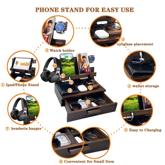 Alt view image 3 of 6 - VEIYAILU Gifts for Men Women Him Husband Son Boyfriend Birthday Nightstand Organizer Wood Phone Docking Station Birthday Gifts (Deep Walnut)