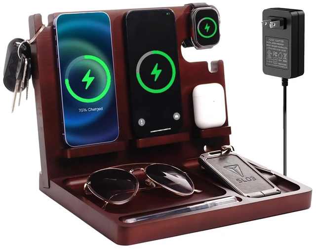 Main image of Xunhomon Wood Phone Docking Station 27W Fast Charging 2 Phone Wireless Charging Station for iosPhone/Android/iWatch/Air Pod Nightstand Organizer for Men/Women AnniversaryBirthday Gifts for him