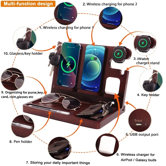 Alt view image 2 of 7 - Xunhomon Wood Phone Docking Station 27W Fast Charging 2 Phone Wireless Charging Station for iosPhone/Android/iWatch/Air Pod Nightstand Organizer for Men/Women AnniversaryBirthday Gifts for him