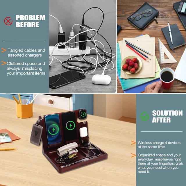 Alt view image 6 of 7 - Xunhomon Wood Phone Docking Station 27W Fast Charging 2 Phone Wireless Charging Station for iosPhone/Android/iWatch/Air Pod Nightstand Organizer for Men/Women AnniversaryBirthday Gifts for him