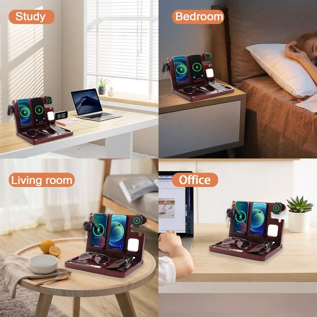 Alt view image 5 of 7 - Xunhomon Wood Phone Docking Station 27W Fast Charging 2 Phone Wireless Charging Station for iosPhone/Android/iWatch/Air Pod Nightstand Organizer for Men/Women AnniversaryBirthday Gifts for him