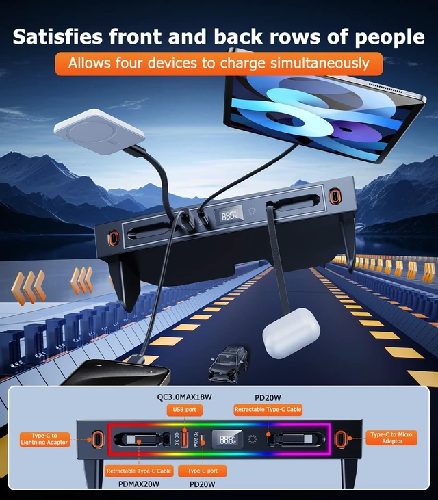 Alt view image 6 of 7 - DICMKY for Toyota RAV4 Car Charger USB Hub with RGB Light, 4-Port Retractable Docking Station for Toyota RAV4 Accessories 2025 2024 2023 2022 2021 2020, Center Console Phone Fast Charger/Adaptor Hub