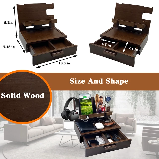 Alt view image 5 of 6 - VEIYAILU Gifts for Men Women Him Husband Son Boyfriend Birthday Nightstand Organizer Wood Phone Docking Station Birthday Gifts (Deep Walnut)