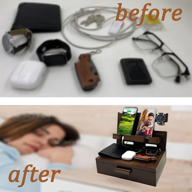 Alt view image 6 of 6 - VEIYAILU Gifts for Men Women Him Husband Son Boyfriend Birthday Nightstand Organizer Wood Phone Docking Station Birthday Gifts (Deep Walnut)