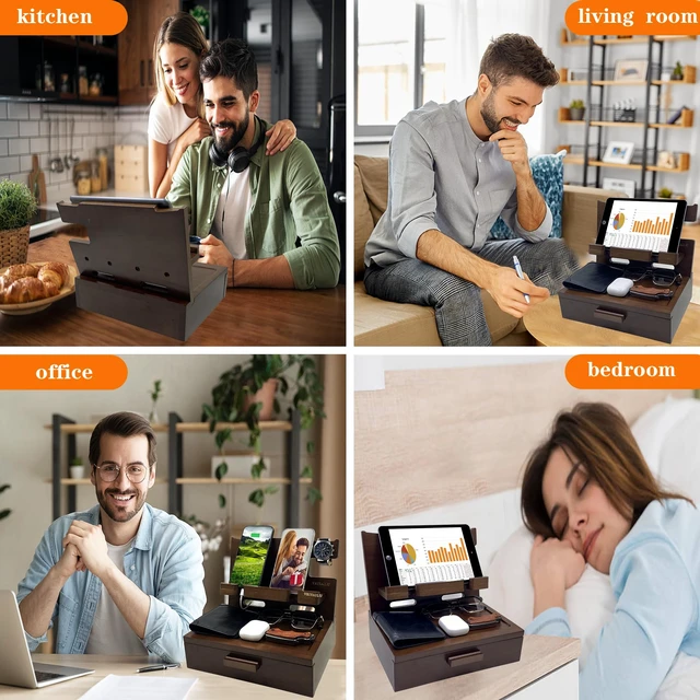 Alt view image 4 of 6 - VEIYAILU Gifts for Men Women Him Husband Son Boyfriend Birthday Nightstand Organizer Wood Phone Docking Station Birthday Gifts (Deep Walnut)
