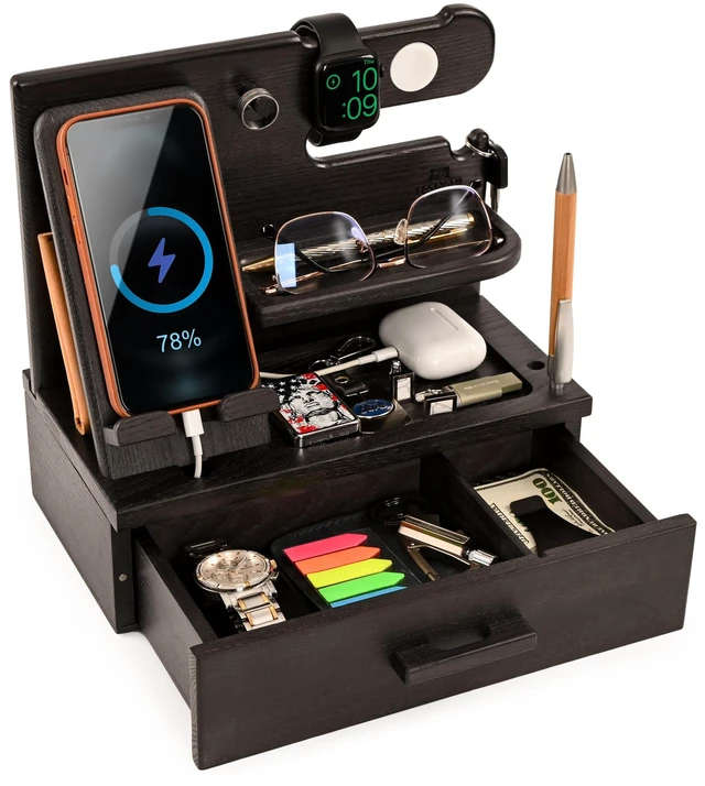 Main image of TESLYAR Wood Phone Docking Station with Drawer - Nightstand Organizer for Men, Bedside & Desk Organizer with Apple Watch Charger Slot - Birthday Gifts for Men, Dad, Husband (Granite Black)