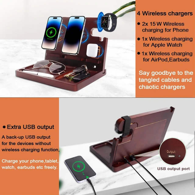 Alt view image 7 of 7 - Xunhomon Wood Phone Docking Station 27W Fast Charging 2 Phone Wireless Charging Station for iosPhone/Android/iWatch/Air Pod Nightstand Organizer for Men/Women AnniversaryBirthday Gifts for him