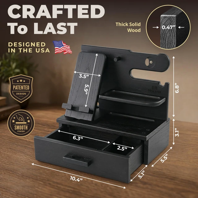 Alt view image 6 of 7 - TESLYAR Wood Phone Docking Station with Drawer - Nightstand Organizer for Men, Bedside & Desk Organizer with Apple Watch Charger Slot - Birthday Gifts for Men, Dad, Husband (Granite Black)