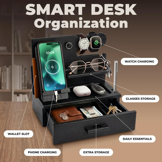 Alt view image 3 of 7 - TESLYAR Wood Phone Docking Station with Drawer - Nightstand Organizer for Men, Bedside & Desk Organizer with Apple Watch Charger Slot - Birthday Gifts for Men, Dad, Husband (Granite Black)