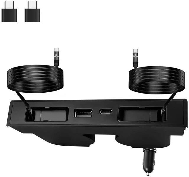 Main image of USB Hub for Tesla Model Y Juniper 2025 2026 & Model 3 Highland 2024-2026 Y L, Dual Retractable Type-C Cables Fast Charging 4-in-1 Center Console Docking Station with Sunken Design