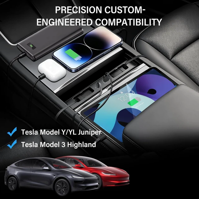 Alt view image 3 of 7 - USB Hub for Tesla Model Y Juniper 2025 2026 & Model 3 Highland 2024-2026 Y L, Dual Retractable Type-C Cables Fast Charging 4-in-1 Center Console Docking Station with Sunken Design