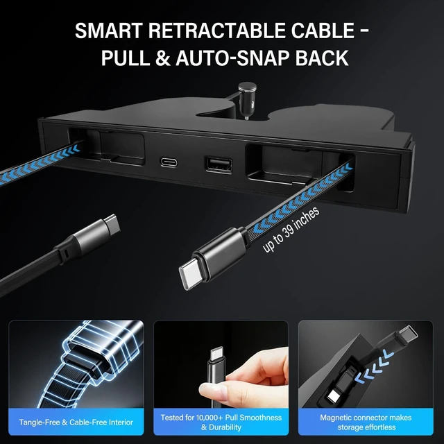Alt view image 5 of 7 - USB Hub for Tesla Model Y Juniper 2025 2026 & Model 3 Highland 2024-2026 Y L, Dual Retractable Type-C Cables Fast Charging 4-in-1 Center Console Docking Station with Sunken Design