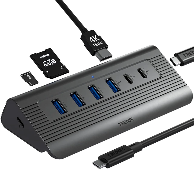 Main image of TRENFI Aluminum 10 in 1 USB C Hub | Detachable Cable, 10Gbps Data Transfer, 4K 60Hz HDMI Video, 100W PD Input, SD microSD Slot