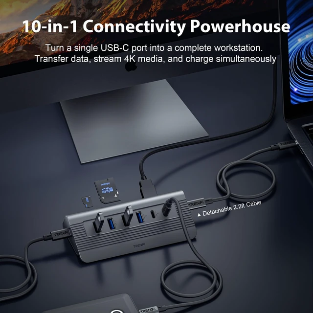 Alt view image 2 of 7 - TRENFI Aluminum 10 in 1 USB C Hub | Detachable Cable, 10Gbps Data Transfer, 4K 60Hz HDMI Video, 100W PD Input, SD microSD Slot