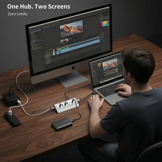 Alt view image 5 of 7 - TRENFI Aluminum 10 in 1 USB C Hub | Detachable Cable, 10Gbps Data Transfer, 4K 60Hz HDMI Video, 100W PD Input, SD microSD Slot