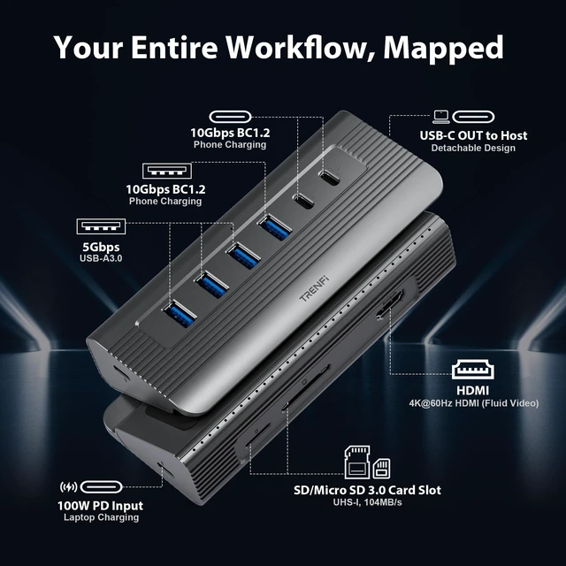 Alt view image 4 of 7 - TRENFI Aluminum 10 in 1 USB C Hub | Detachable Cable, 10Gbps Data Transfer, 4K 60Hz HDMI Video, 100W PD Input, SD microSD Slot